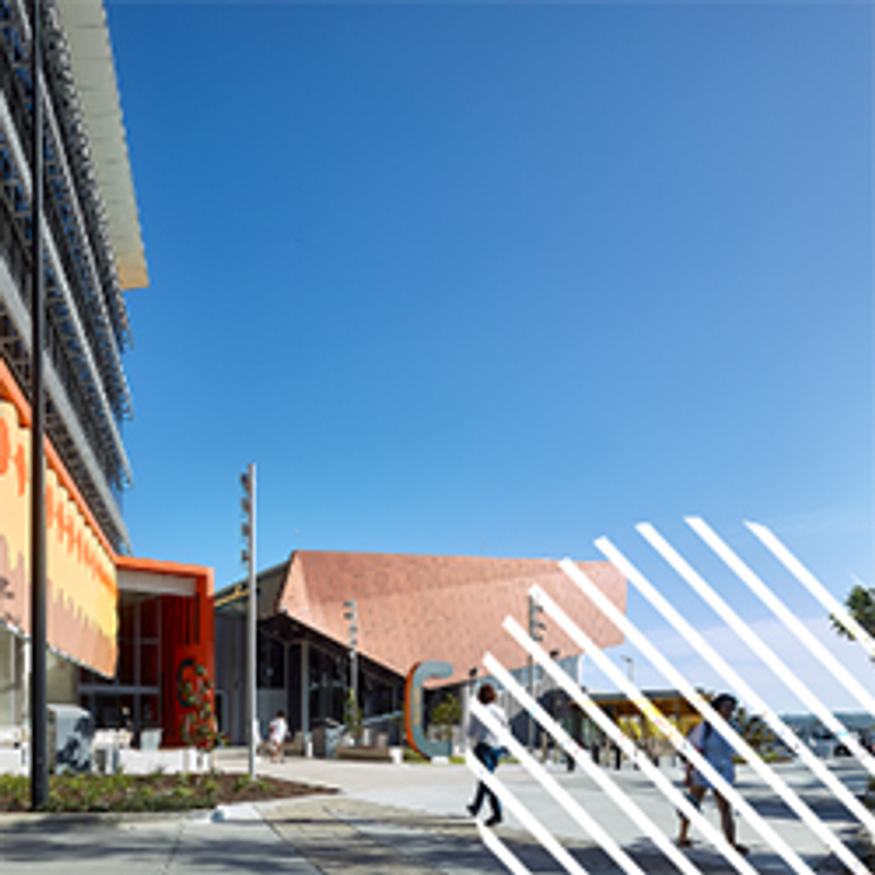 Gold Coast campus building with stripe overlay