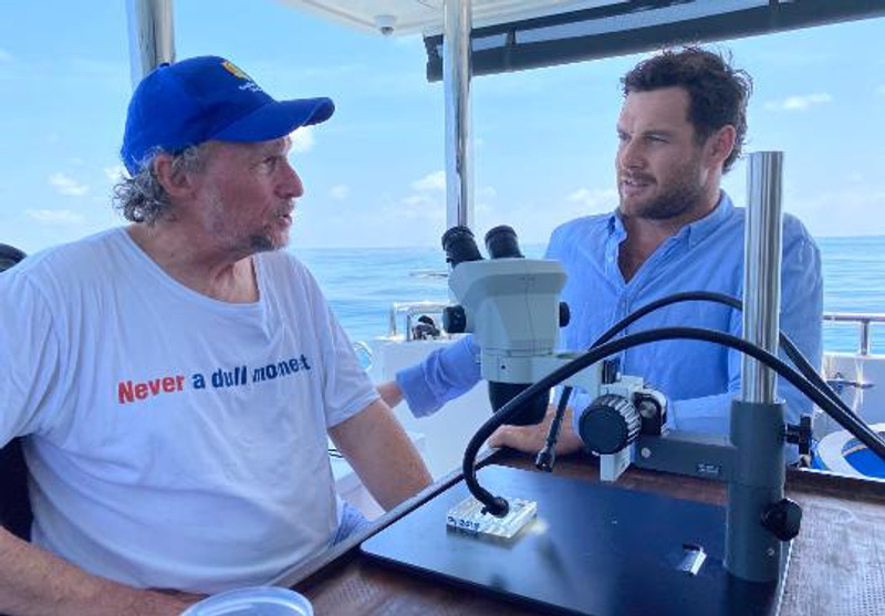 Reef Live presenter Lucas Handley with Professor Peter Harrison