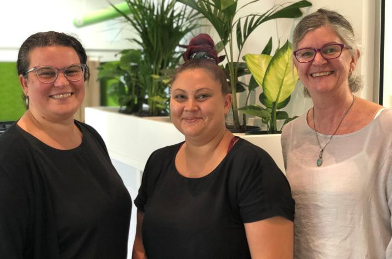 Three women in an office setting in front of pot plants