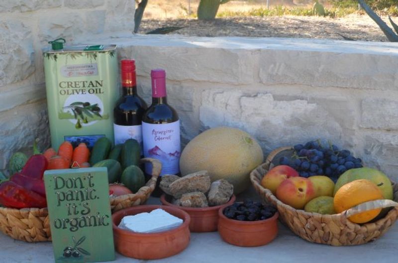 Mediterranean diet foodstuffs like cheese, olive oil, wine, fruit and vegetables