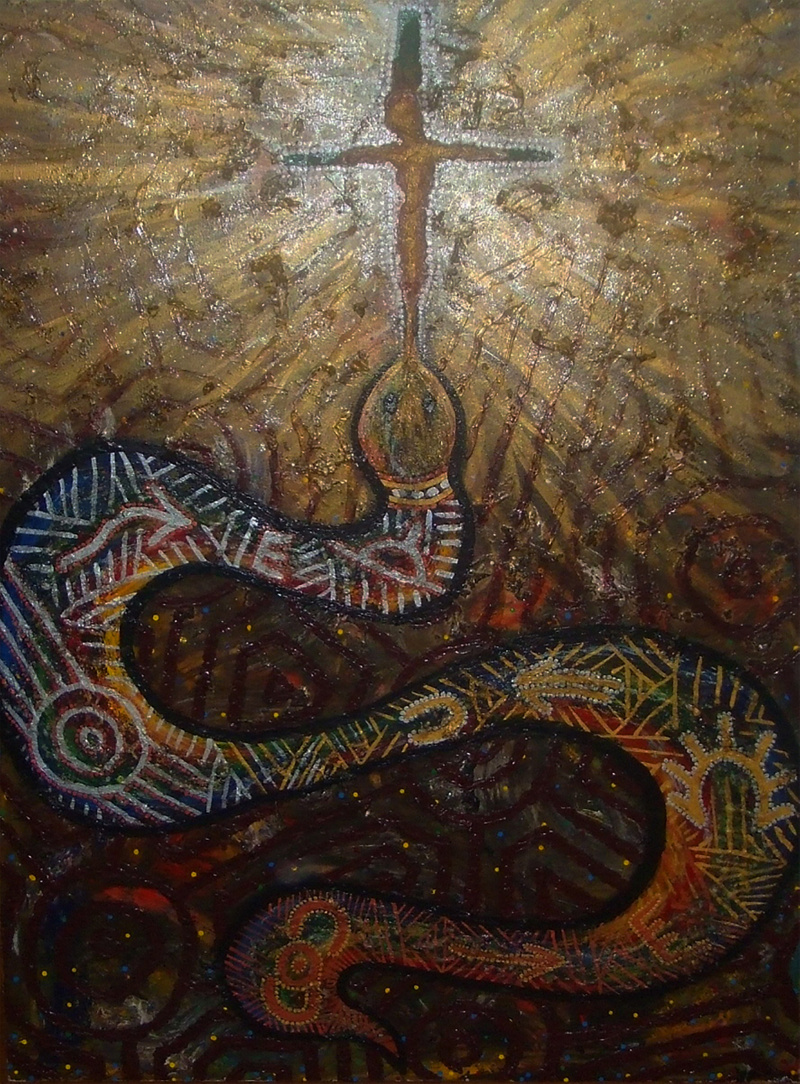 Artwork featuring snake with a religious cross in its mouth
