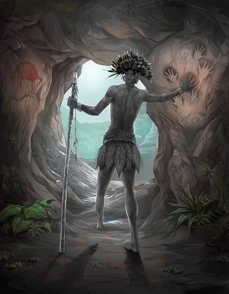 Coloured illustration of prehistoric person with amputated left foot