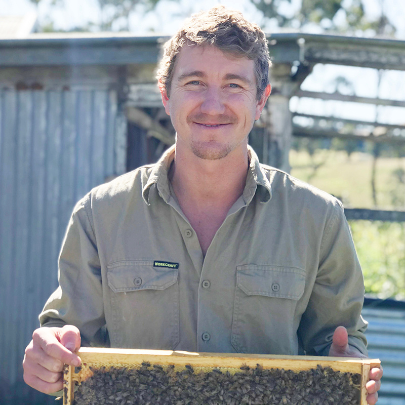 Dr Cooper Schouten with bee frame