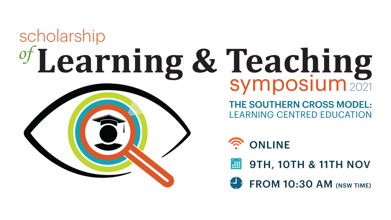 SoTL Symposium Banner 2021 includes logo of and eye outline with a magnifying glass overlay focusing on an icon of academic figure
