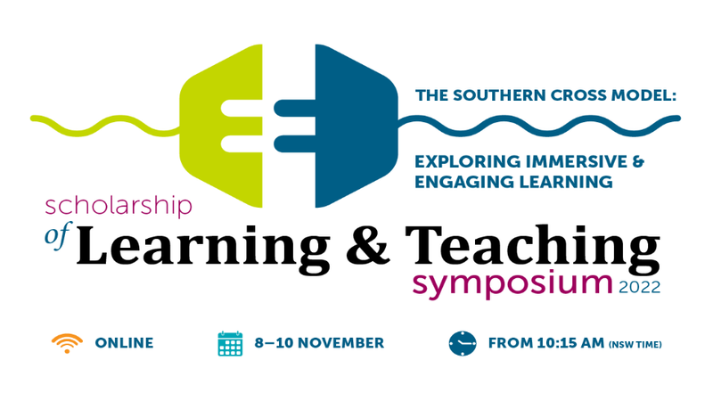 SoLT Symposium Banner 2022 includes logo of plug with E for Exploring and Engaging with sine wave representing continuity