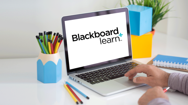 Laptop with Blackboard logo on the screen surrounded by office stationery and a hand touching the trackpad