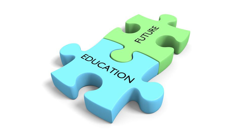 puzzle piece with education text and another piece connecting with future text on it