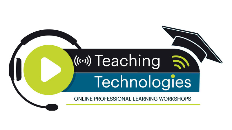 headset play button and mortar board all with Teaching Technologies Online Professional Workshops text