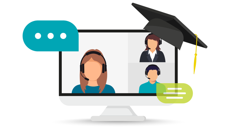 computer monitor showing teacher and students chatting with mortar board hanging on the corner